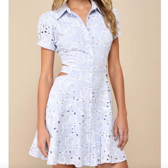 New Lulu's Embroidered Blue Cut Out Mini Dress - Picture 1 of 3